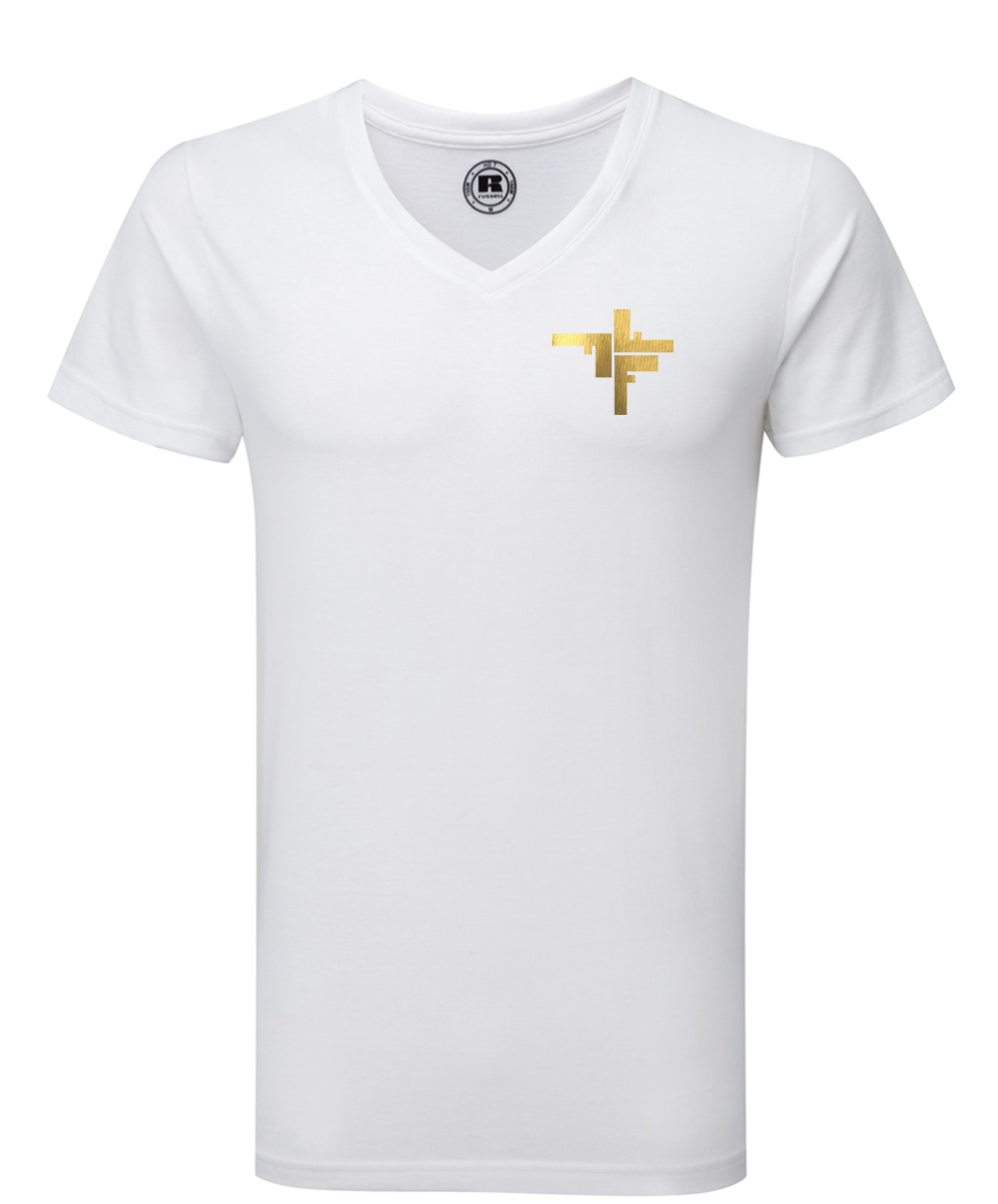 v-neck-weiss-gold Fechers Fitness Factory T-Shirt V Neck Herren