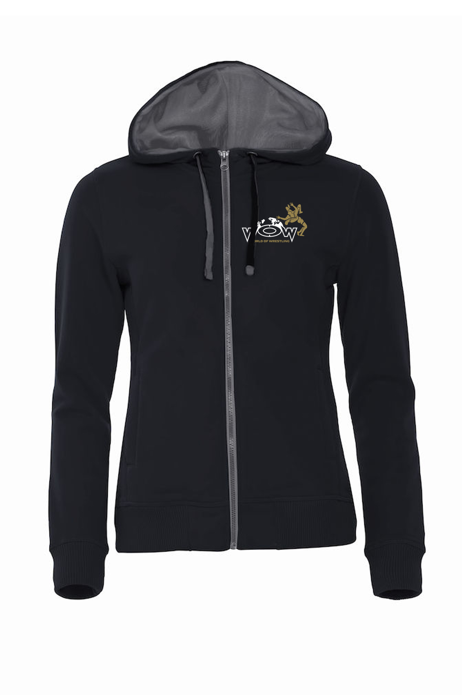 Hoody-Damen-Vorne-Zip World of Wrestling Zipper Hoody Schwarz Damen