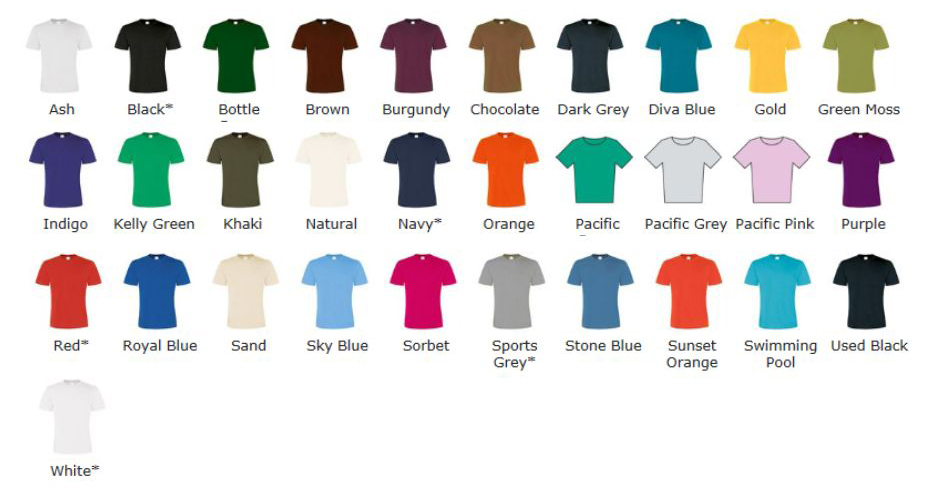 BA190-new-colours 30 T-Shirts Basic mit bedrucktem Logo vorne + Schriftzug hinten
